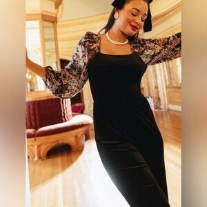 Ivy City Co Black Velvet Jumpsuit with Floral Accents